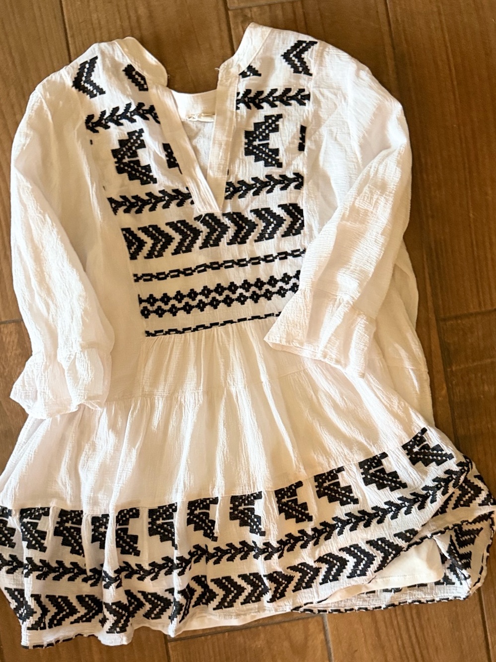 White Embroidered Boho Tunic Top with Black Accents